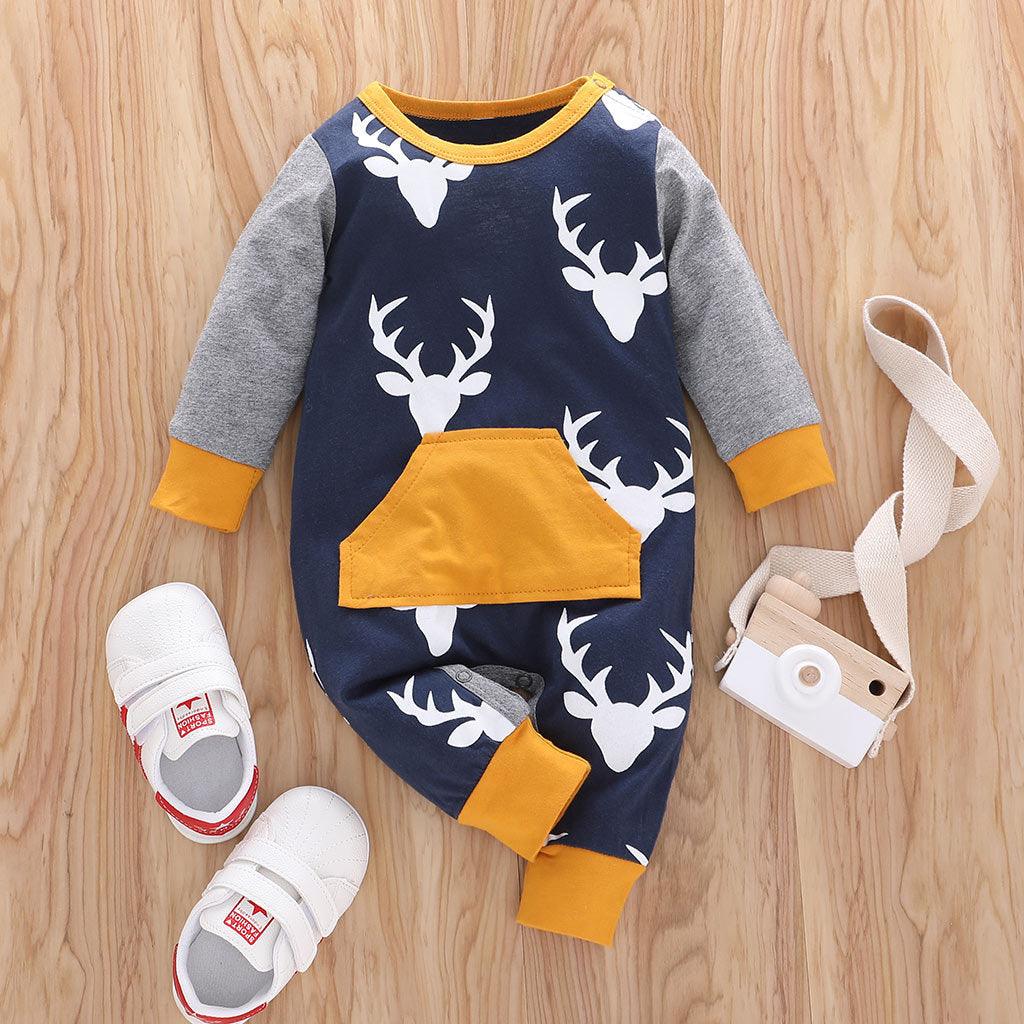 Baby Boys Girls Cartoon Deer Printed Long Sleeve Jumpsuit