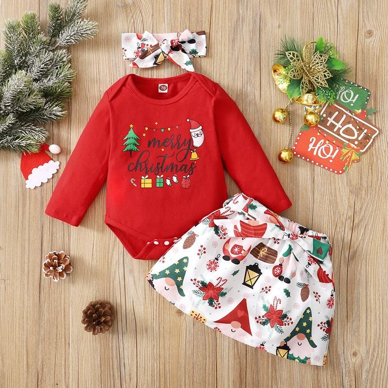 Baby Girls Christmas Printed Long Sleeved Jumpsuit Short Skirt Scarf Set