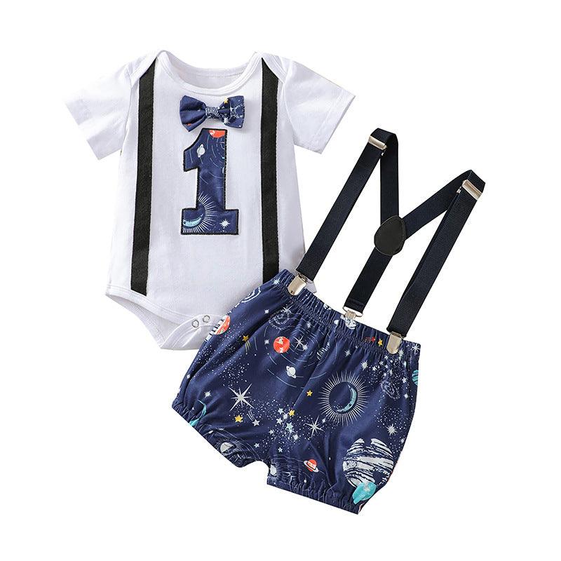 Baby Boys Solid Color Digital Planet Print Round Neck Bodysuit Suspender Pants Set