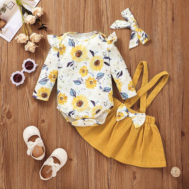 Baby Girls Flowers Printed Long Sleeve Jumpsuit Solid Color Suspender Skirt Set