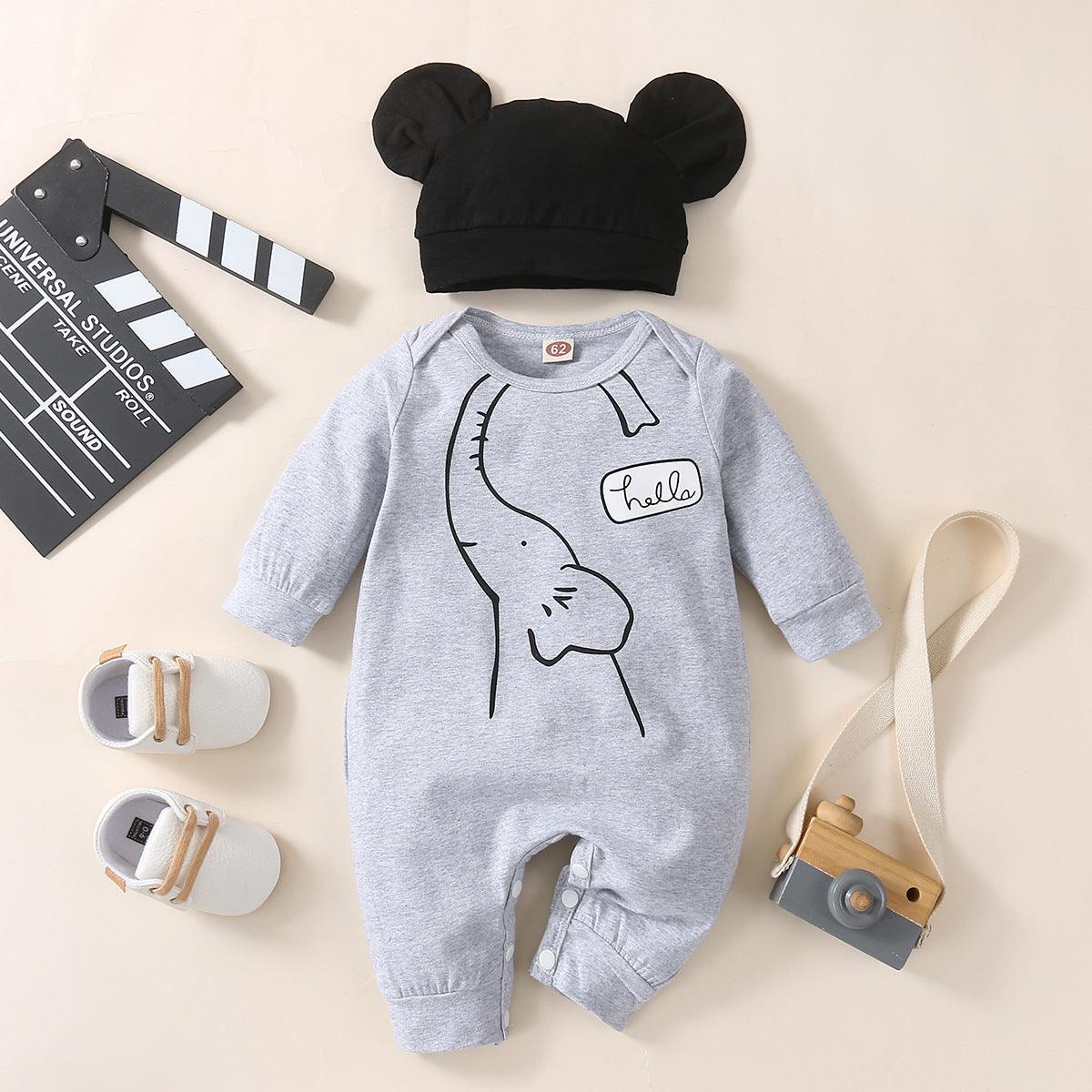 Baby Boys Girls Solid Color Cartoon Elephant Print Long Sleeve Jumpsuit Hat Set