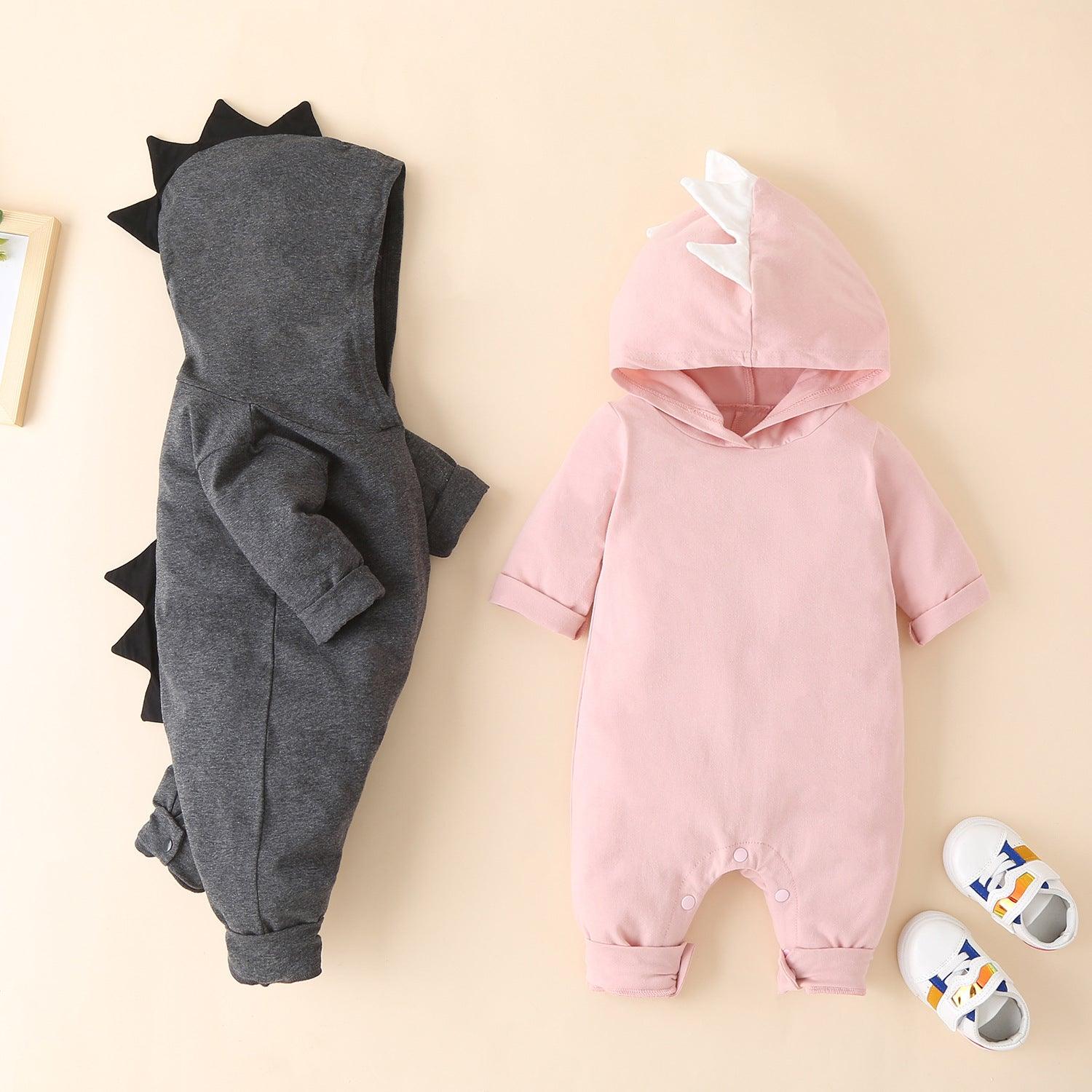 Autumn Winter Baby Solid Color Dinosaur Hooded Long Sleeve Jumpsuit