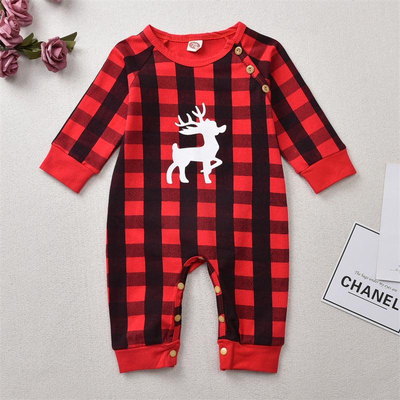 Baby Boys Girls Plaid Print Christmas Deer Long-sleeved Jumpsuit