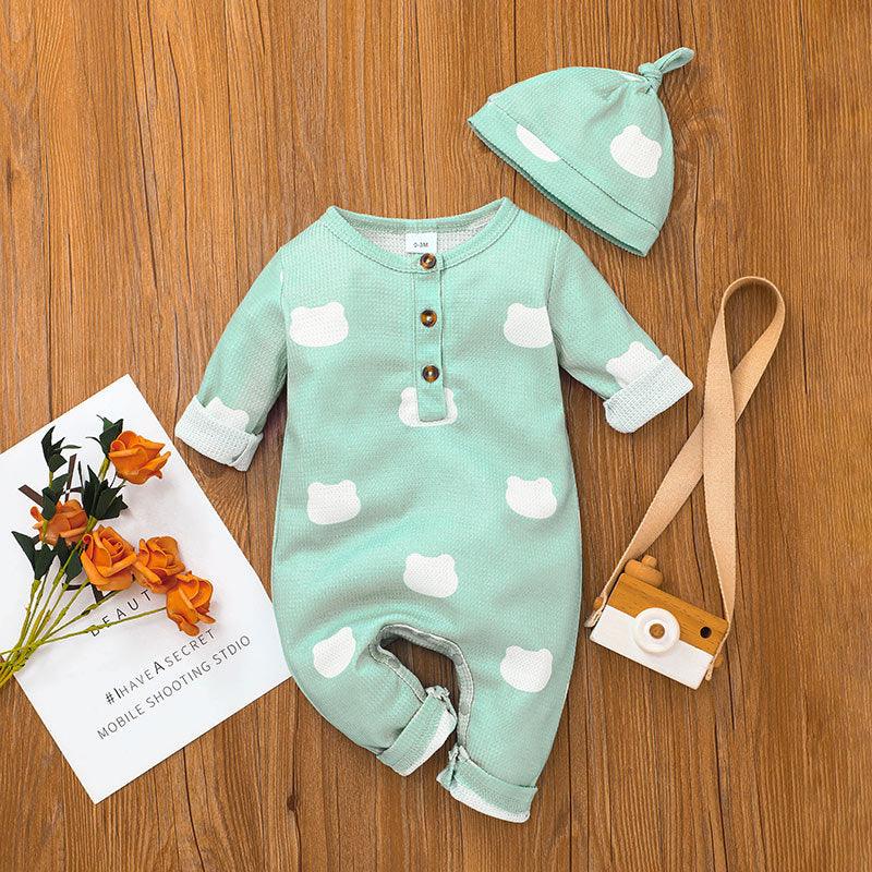 Baby Boys Girls Solid Color Lovely Printed Long Sleeve Jumpsuit Hat Set