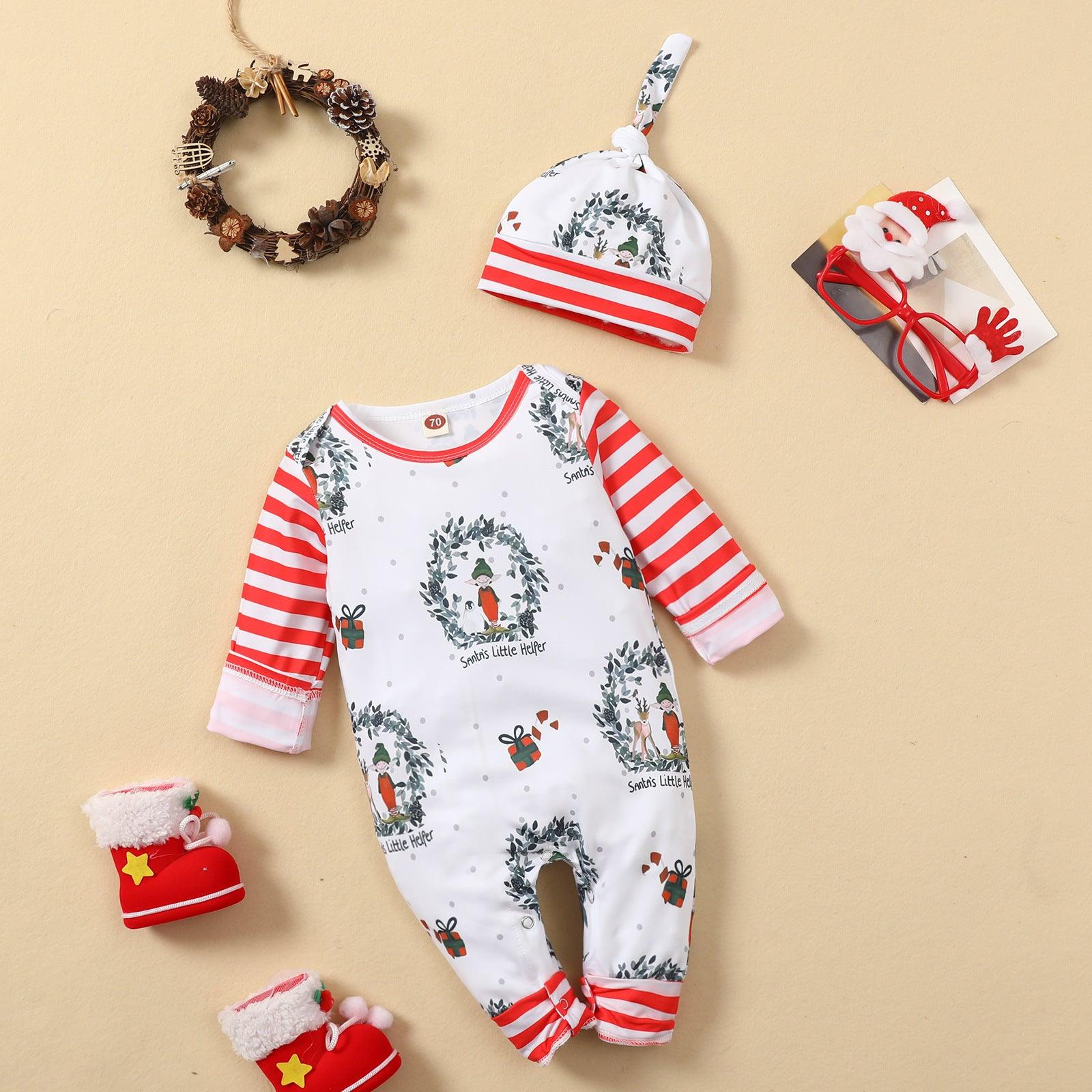 Baby Boys Girls Cartoon Print Stripe Long Sleeved Jumpsuit Christmas Dress