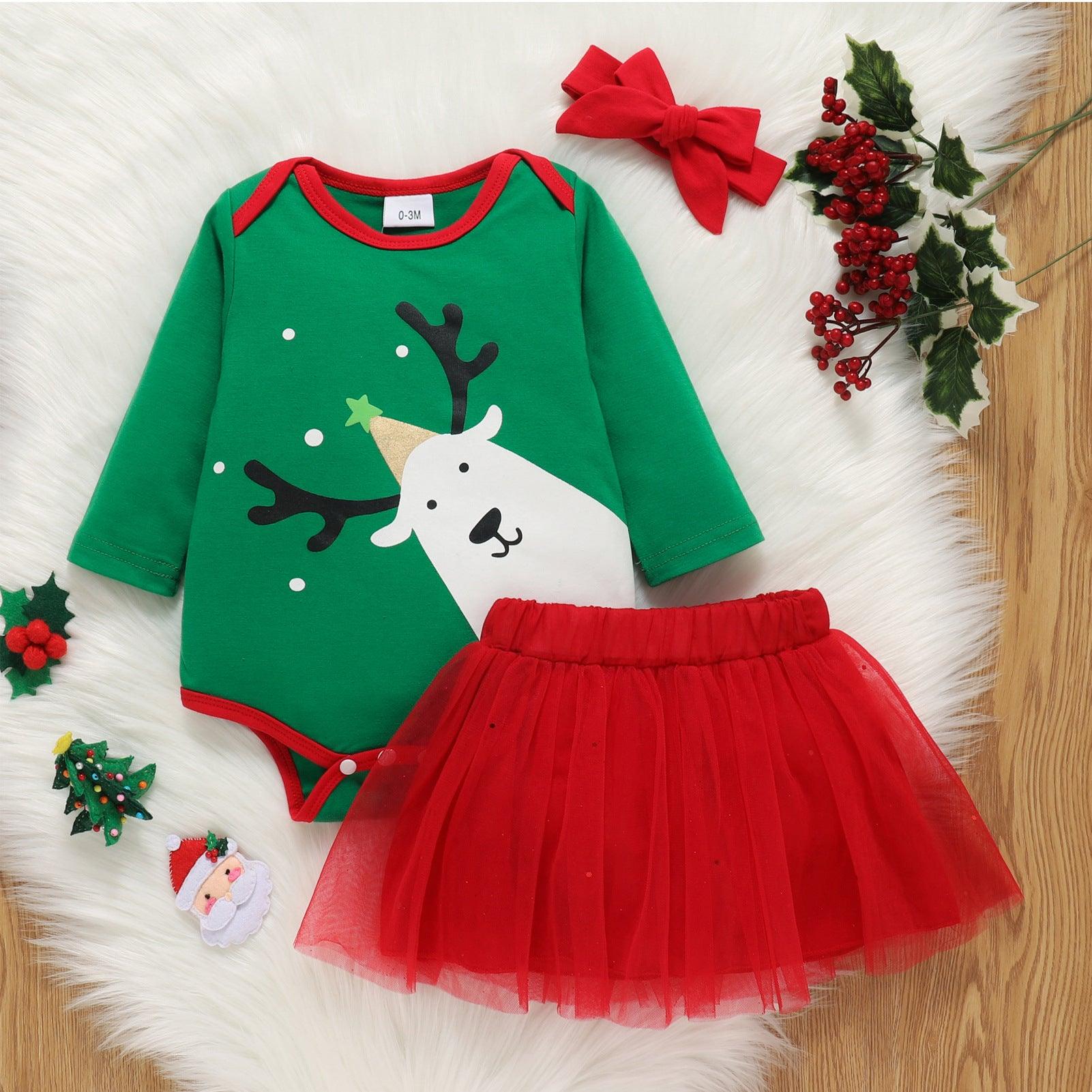 Baby Girls Christmas Deer Long Sleeved One-piece Dress Mesh Skirt Hair Band Suit