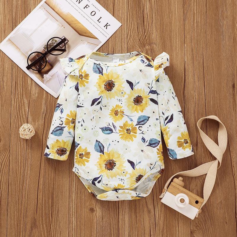 Baby Girls Flowers Printed Long Sleeve Jumpsuit Solid Color Suspender Skirt Set