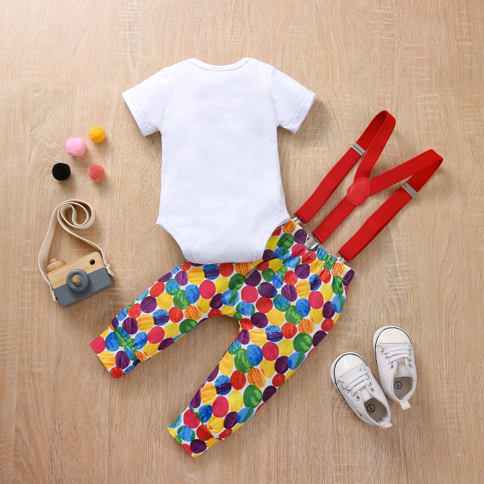 Baby Boys Dot Digital Print Bow Tie Round Neck Long Sleeve Strap Trousers Jumpsuit Suit