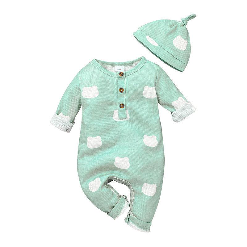 Baby Boys Girls Solid Color Lovely Printed Long Sleeve Jumpsuit Hat Set