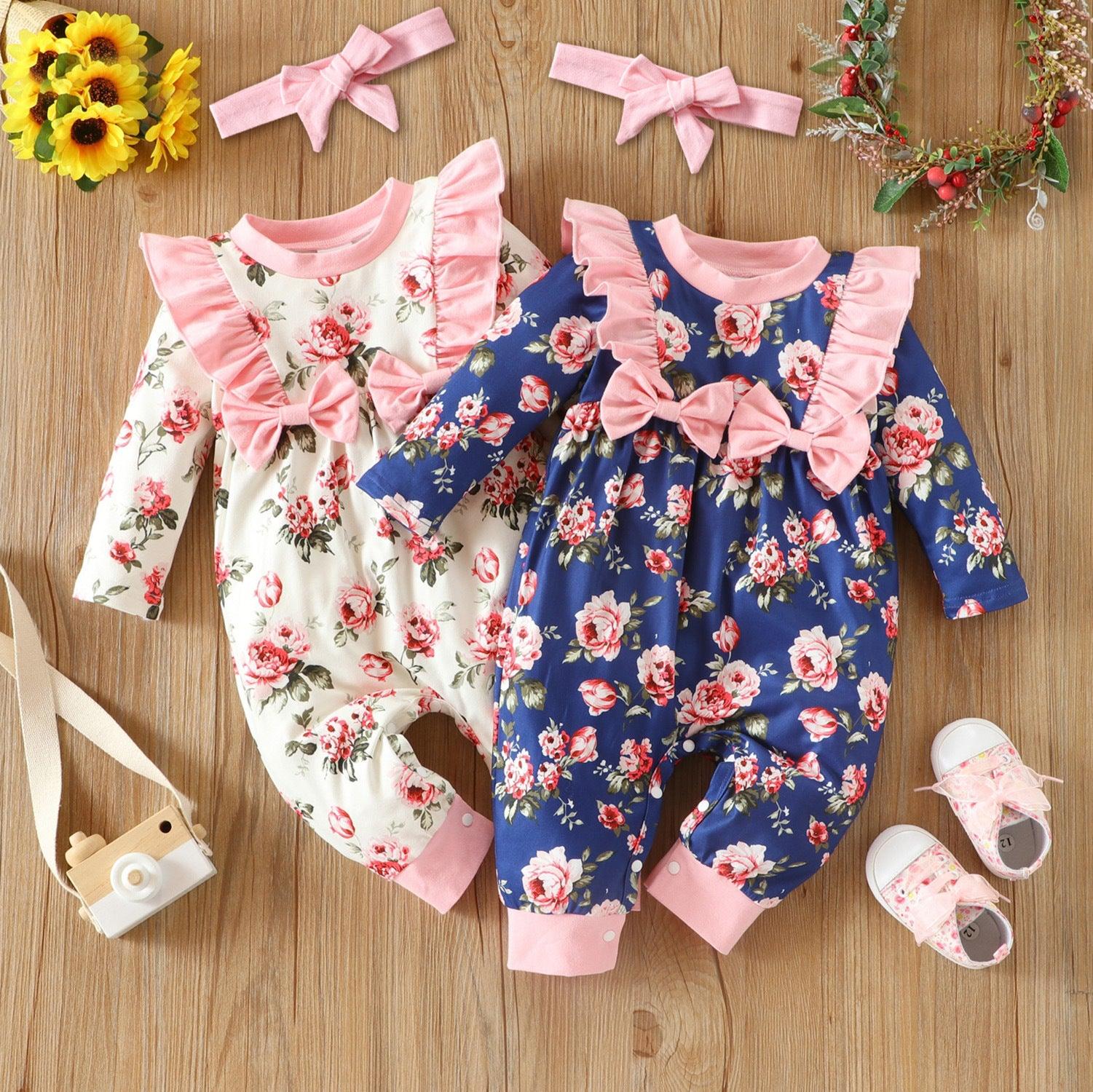 Baby Girl Long Sleeved Lace Bow Floral Print Jumpsuit