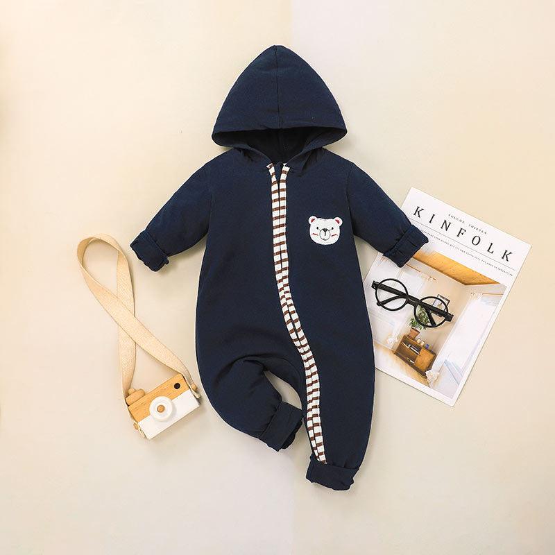 Baby Boys Girls Solid Color Cartoon Bear Embroidered Zipper Long Sleeve Jumpsuit