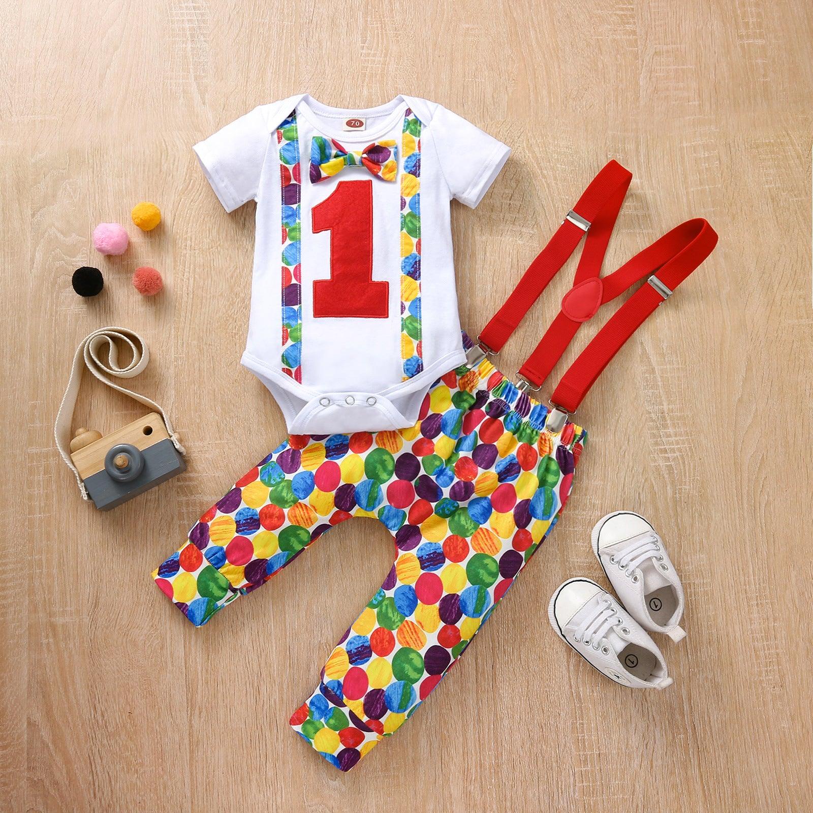 Baby Boys Dot Digital Print Bow Tie Round Neck Long Sleeve Strap Trousers Jumpsuit Suit