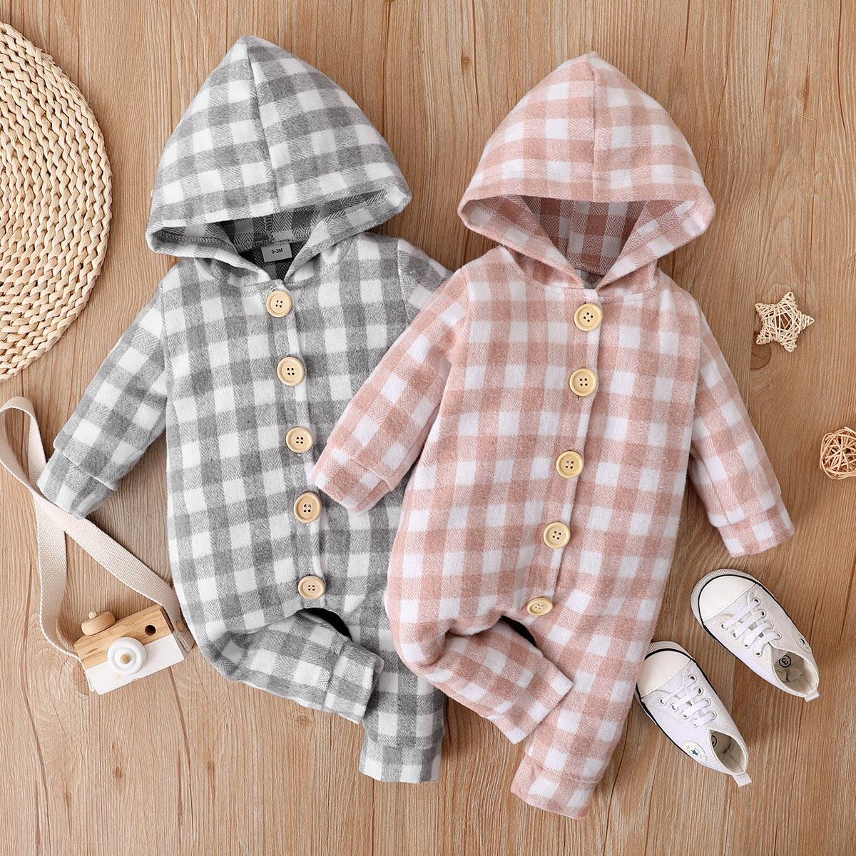 Baby Boys Girls Plaid Print Hooded Long Sleeved Jumpsuit