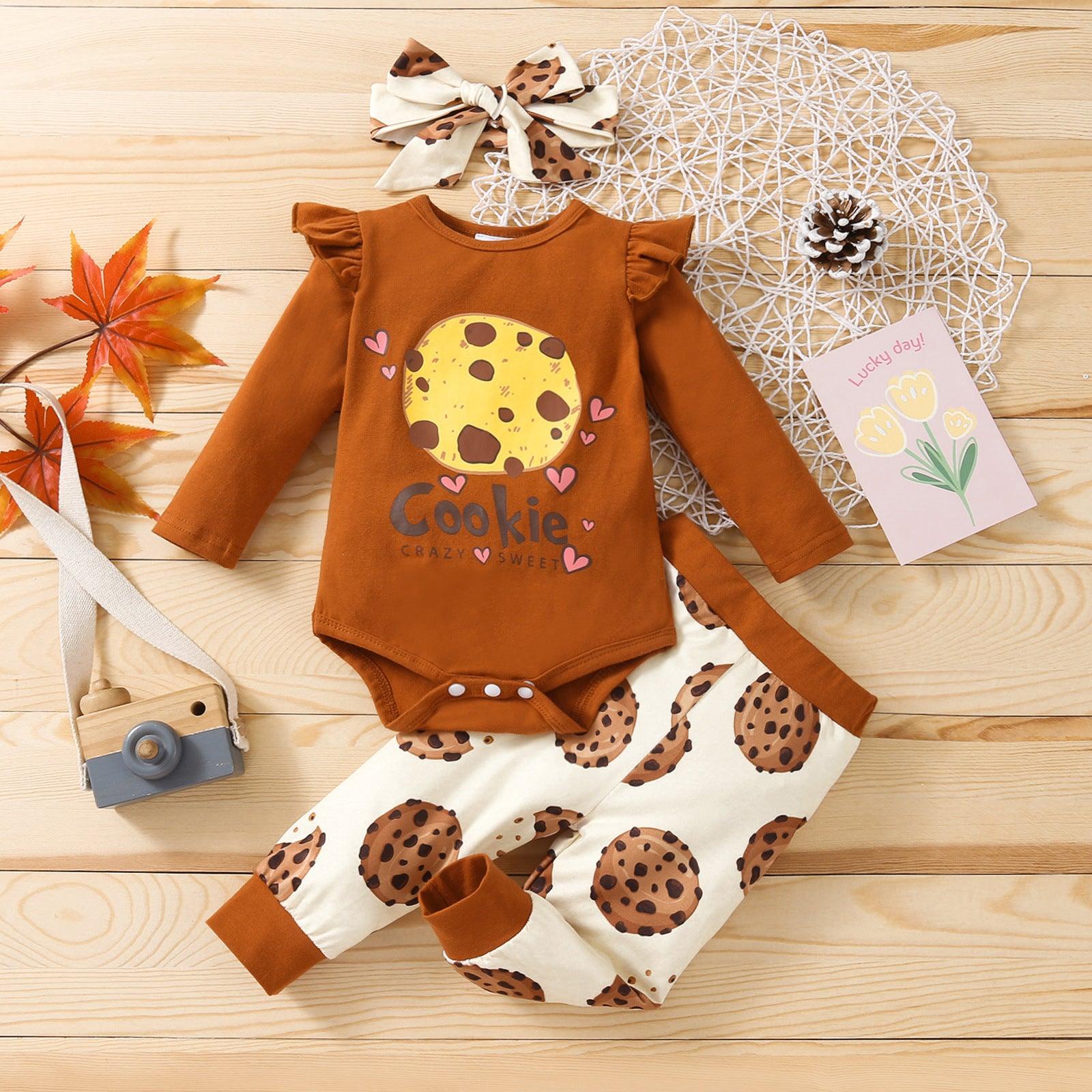 Baby Girl Solid Color Long Sleeve Cookie Print Jumpsuit Suit