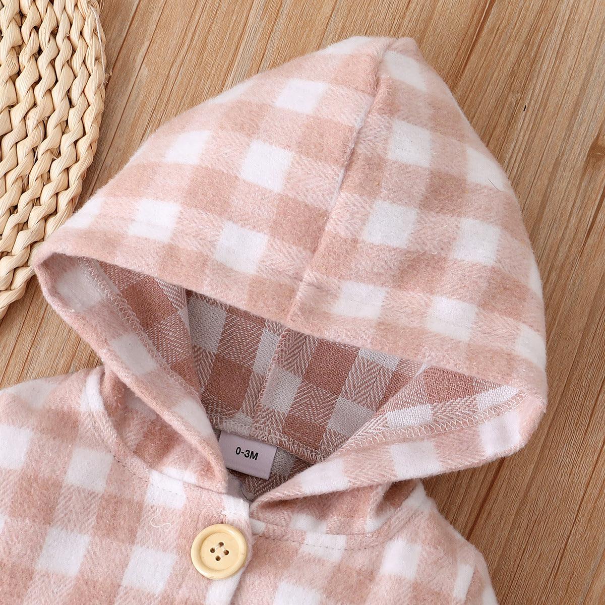 Baby Boys Girls Plaid Print Hooded Long Sleeved Jumpsuit