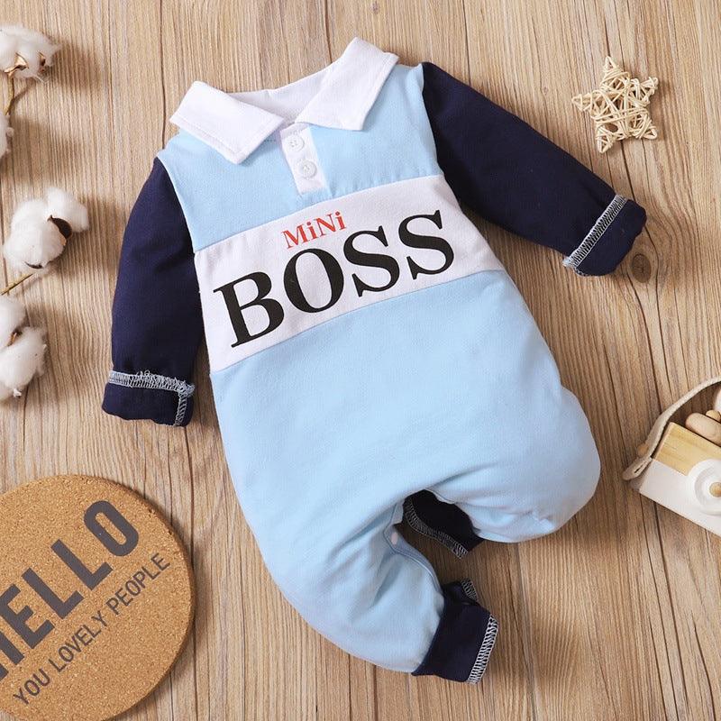 Baby Boys Mini BOSS Lettered Long Sleeve Patchwork Jumpsuit