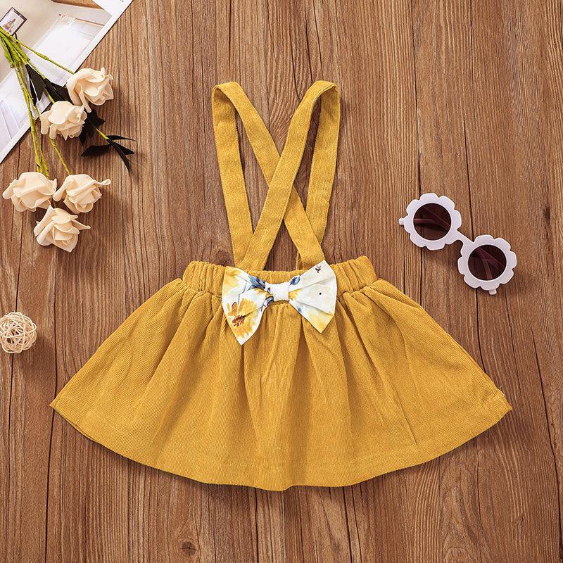 Baby Girls Flowers Printed Long Sleeve Jumpsuit Solid Color Suspender Skirt Set