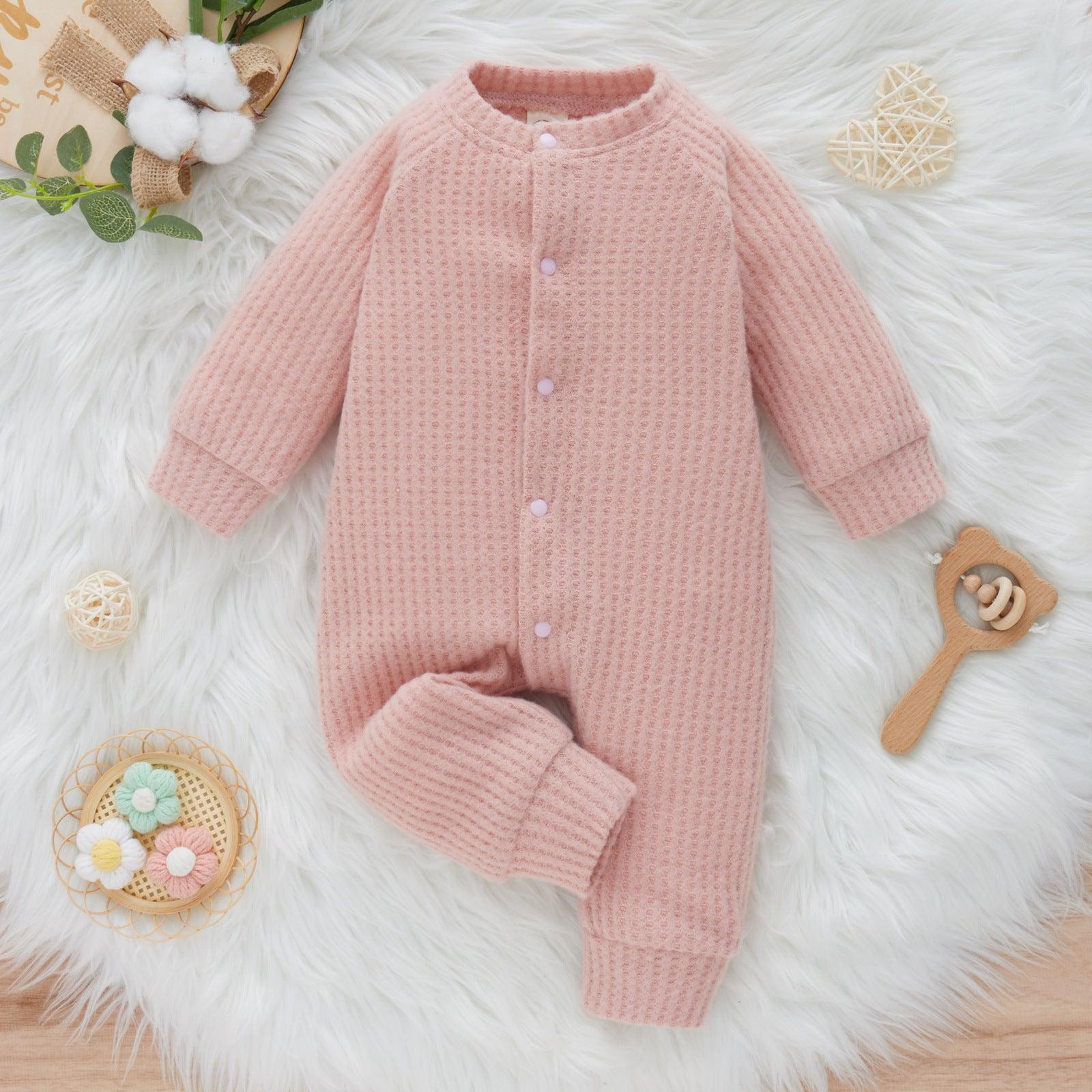 Baby Boys Girls Solid Color Waffle Fleece Warm Long-sleeved Jumpsuit