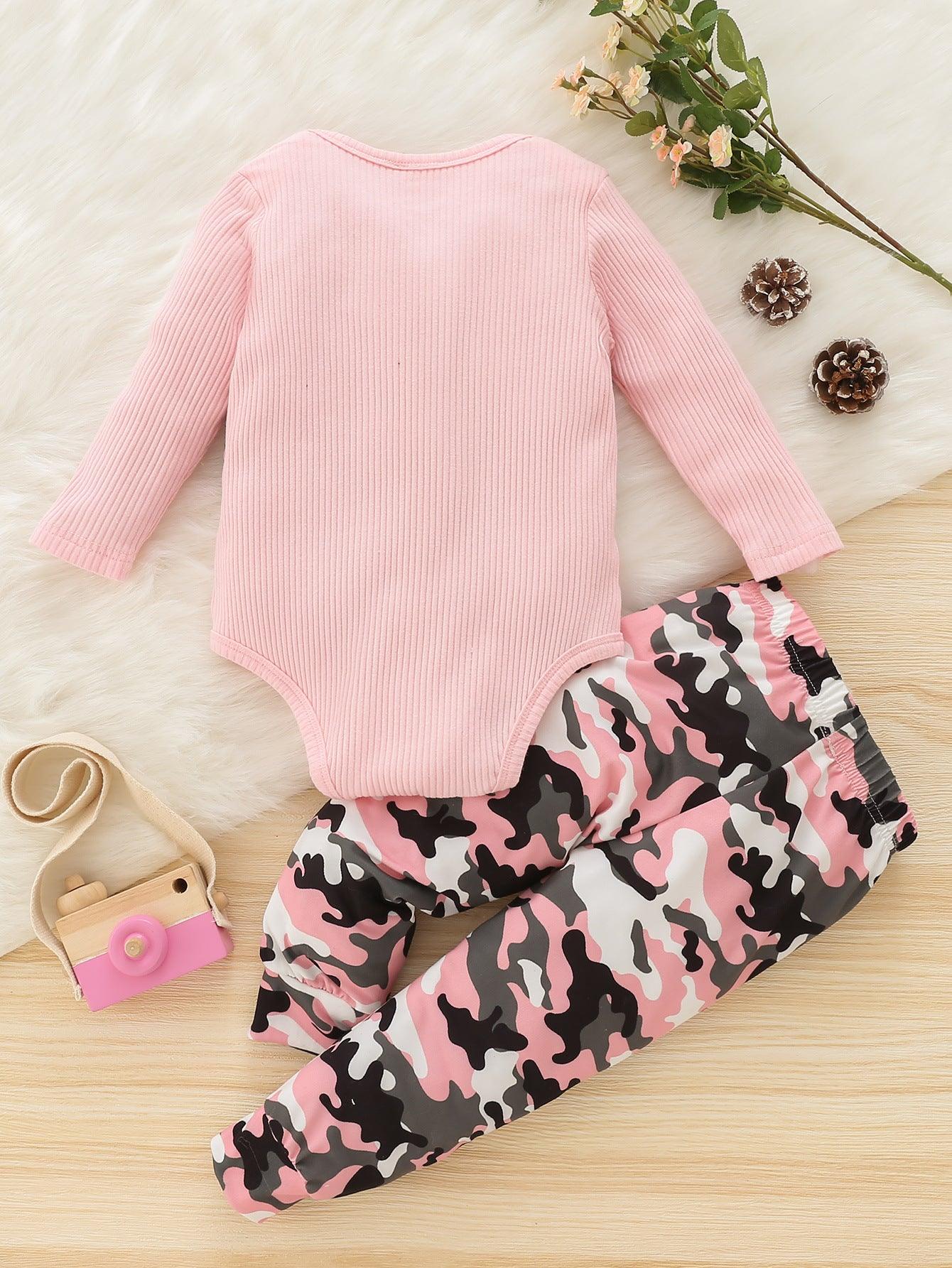 Baby Girls Camouflage Bow Long Sleeve Jumpsuit Pants Set