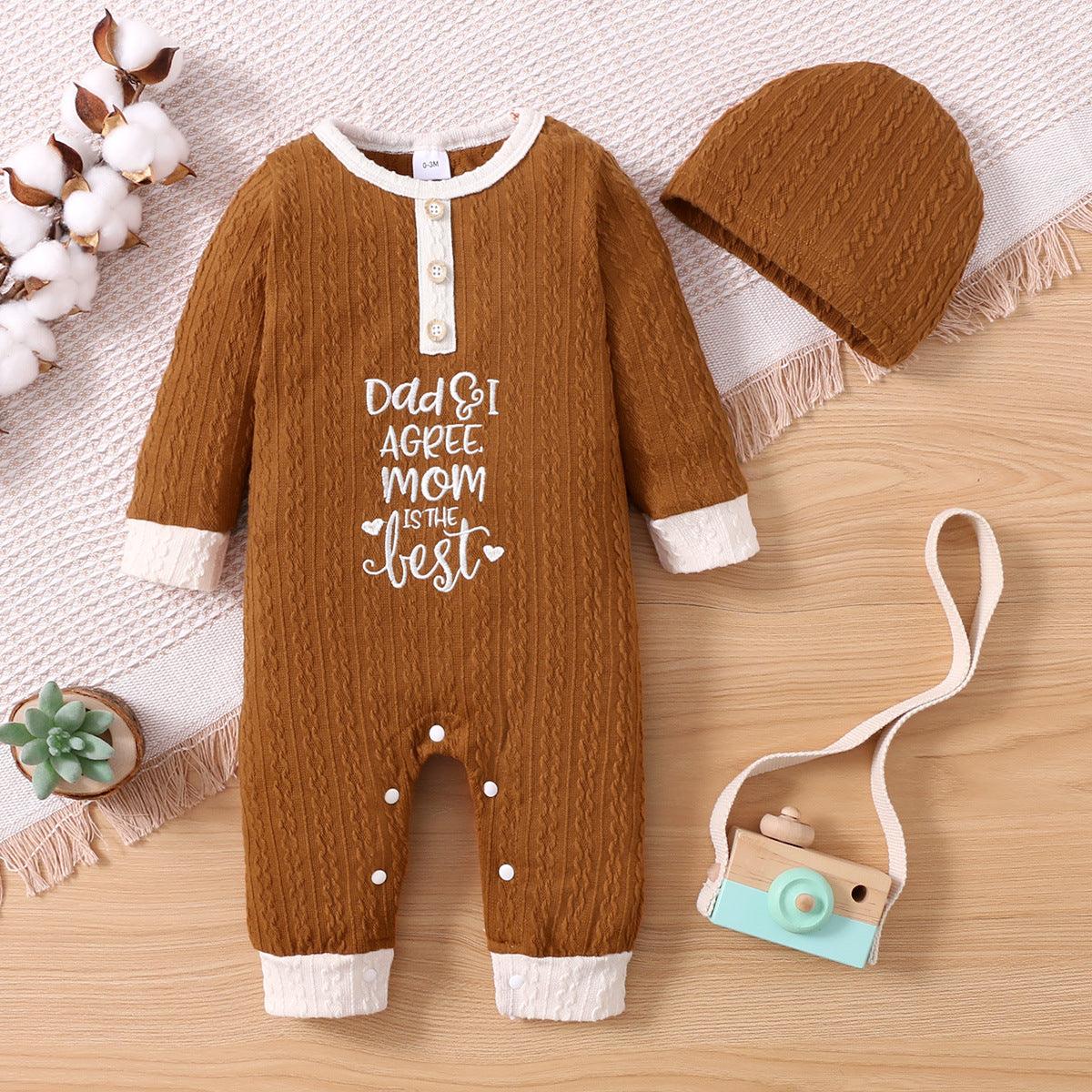 Baby Boys Girls Solid Letter Embroidered Long Sleeve Jumpsuit