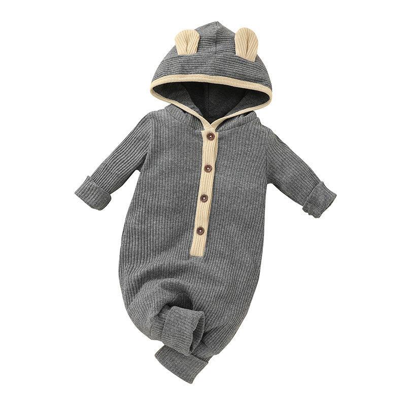 Baby Boys Girls Solid Color Long Sleeved Knitted Hooded Jumpsuit Creeper