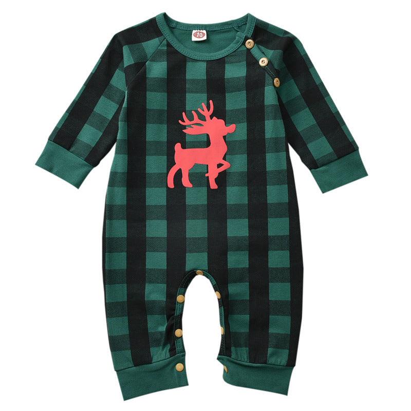 Baby Boys Girls Plaid Print Christmas Deer Long-sleeved Jumpsuit