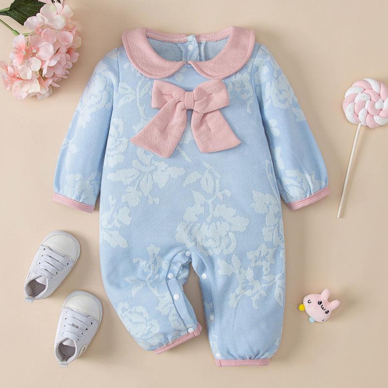 Baby Girls Doll Collar Solid Color Print Bow Long Sleeve Dress