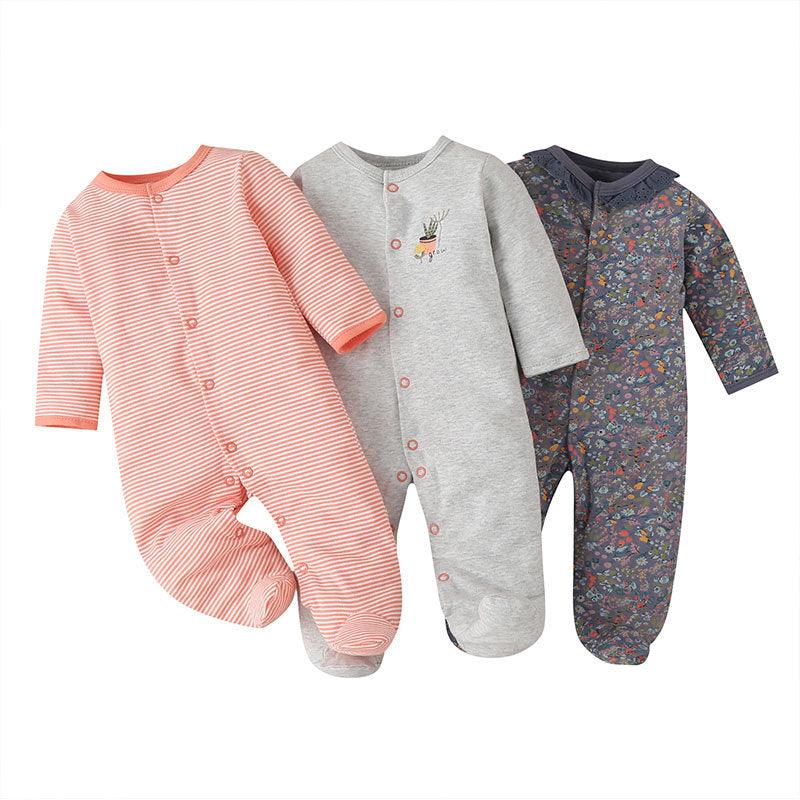 3PCS Baby Boys Girls Solid Color Cute Printed Cotton Wrap Long Sleeve Jumpsuit