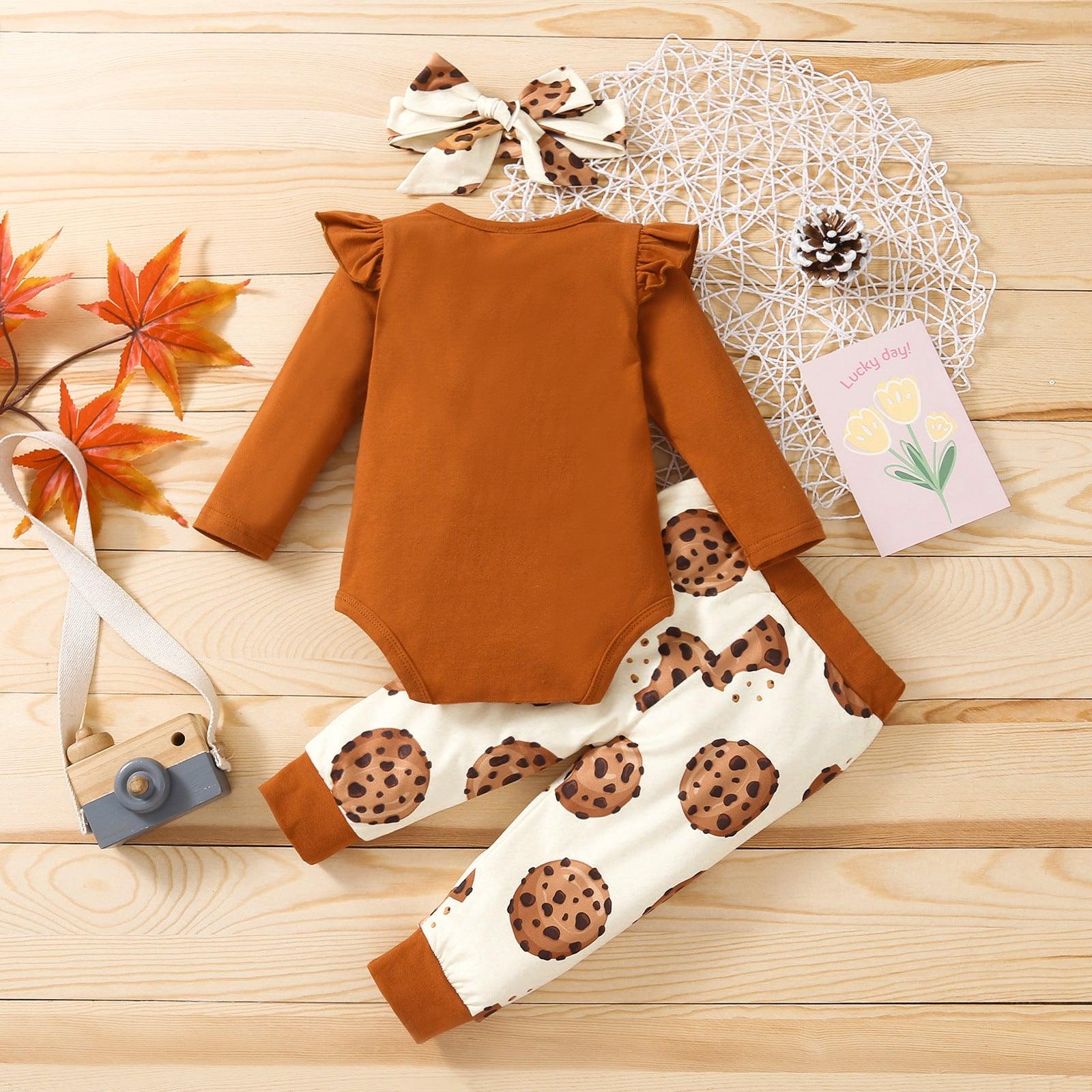 Baby Girl Solid Color Long Sleeve Cookie Print Jumpsuit Suit