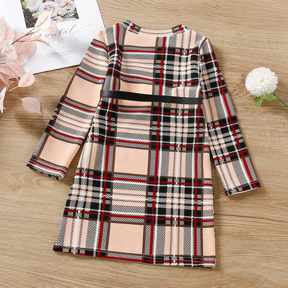 Autumn  Children Girls Plaid Long Sleeve Dress with Belt