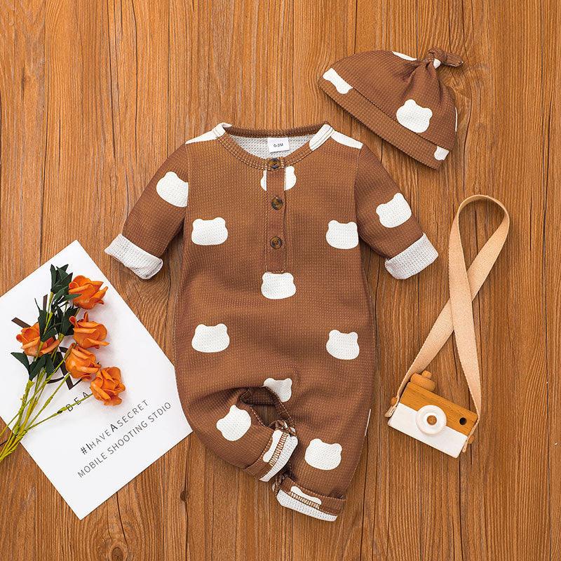 Baby Boys Girls Solid Color Lovely Printed Long Sleeve Jumpsuit Hat Set