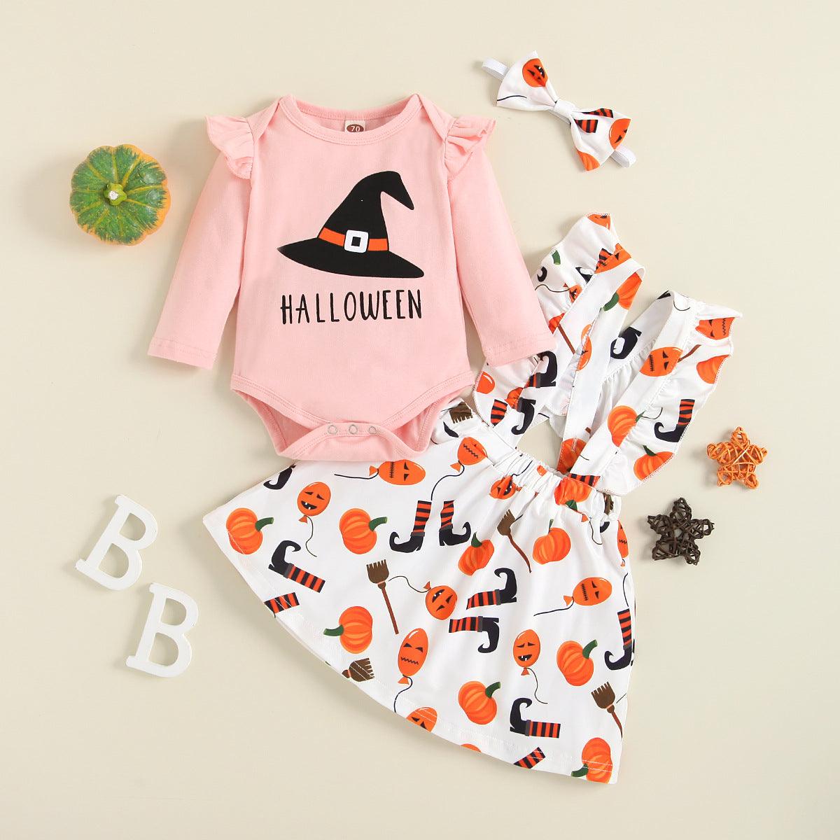 Baby Girls Halloween Long Sleeve Printed Strap Skirt Three Piece Set