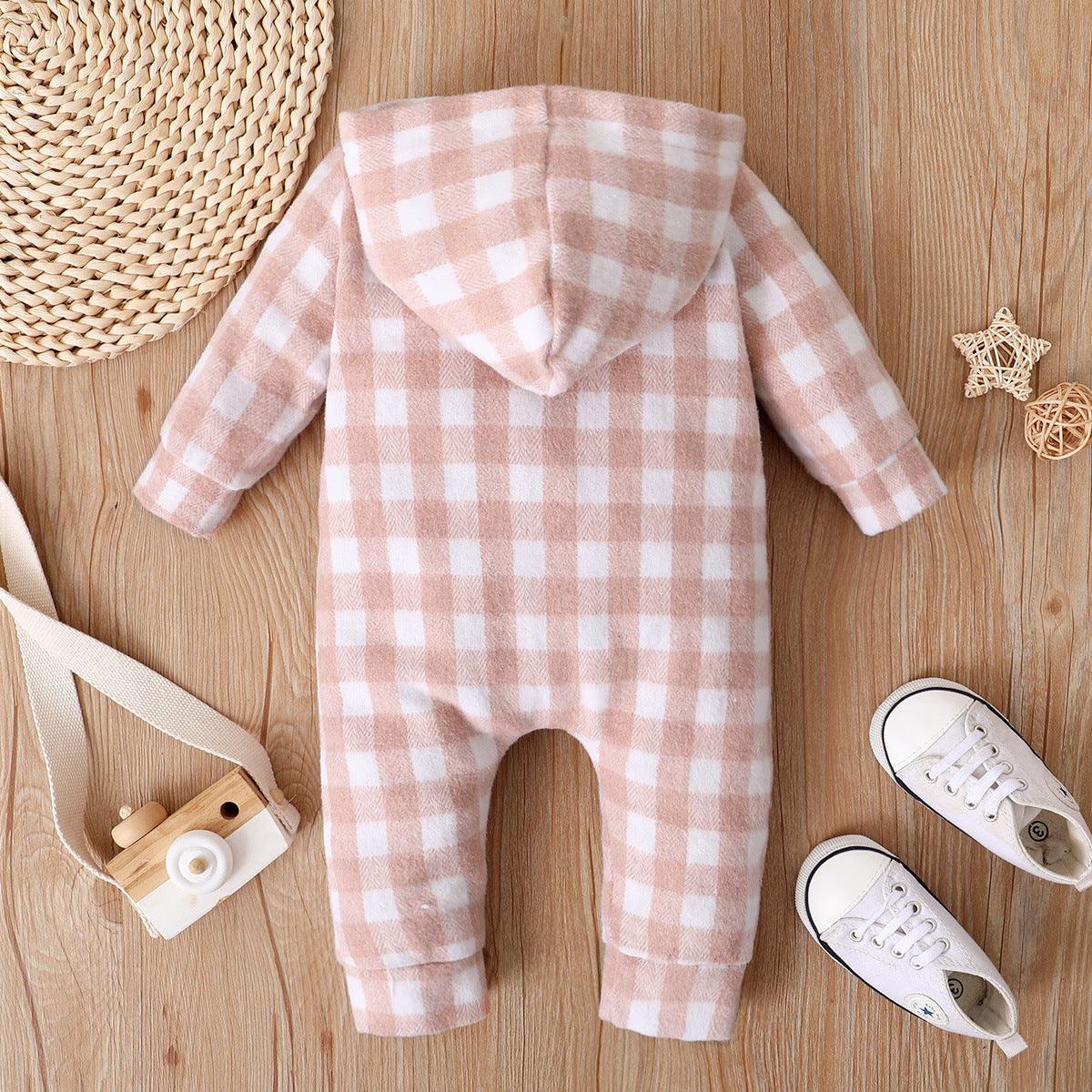 Baby Boys Girls Plaid Print Hooded Long Sleeved Jumpsuit