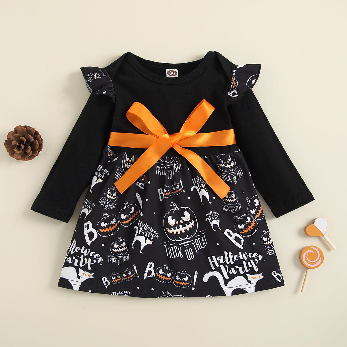 Baby Girls Halloween Pumpkin Print Long Sleeve Dress