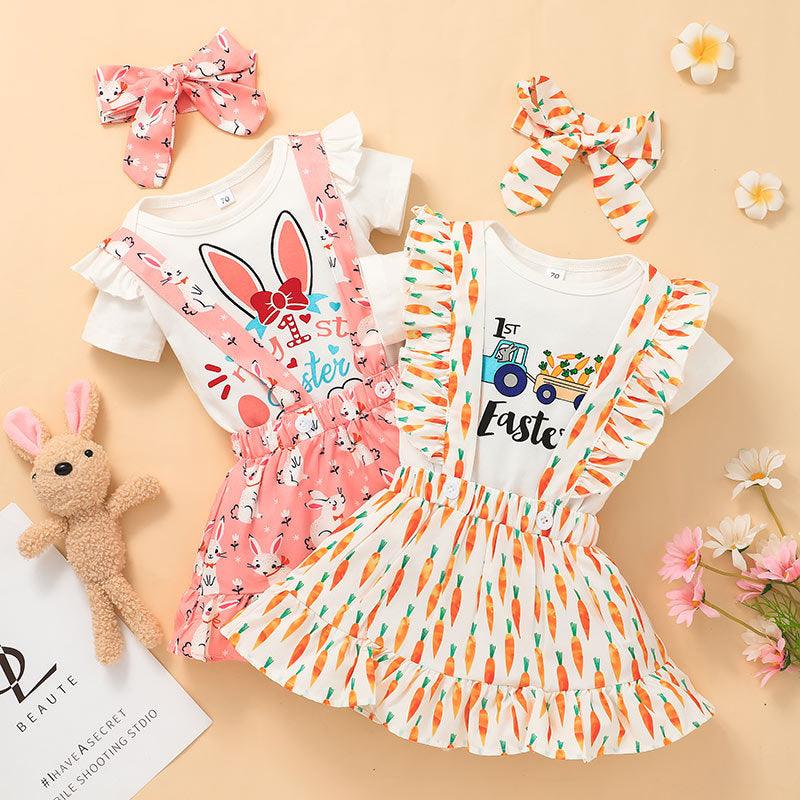 Baby Girl Solid Color Lovely Rabbit Short Sleeve One-piece Dress Printed Suspender Skirt Set