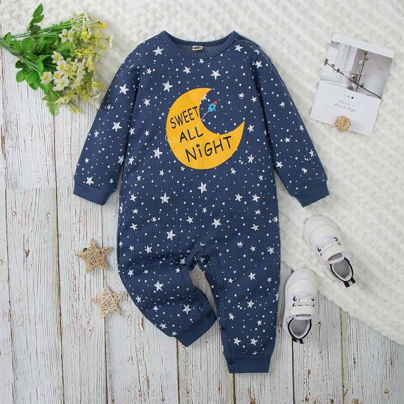 Baby Boys Solid Star Moon Printed Long Sleeve Jumpsuit