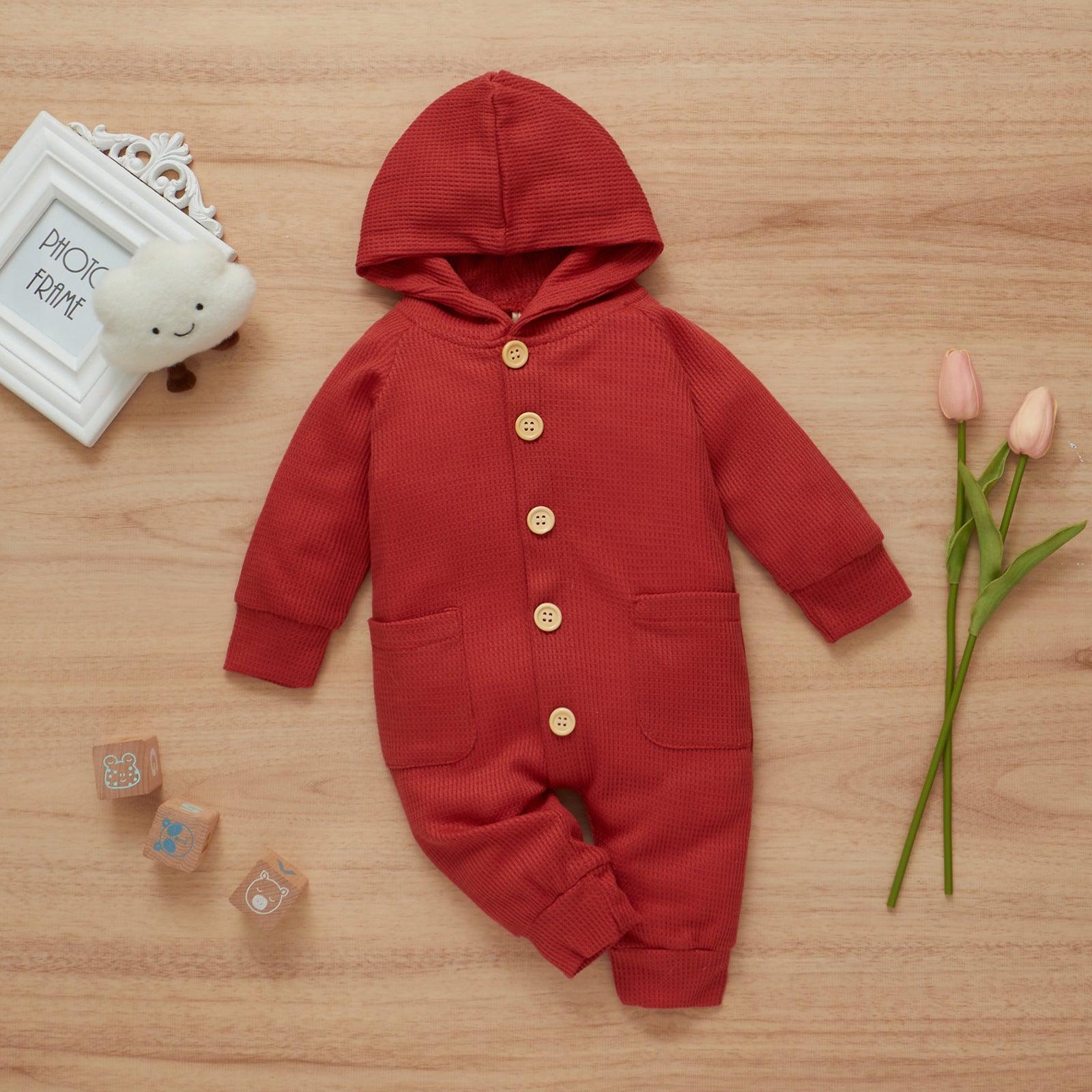 Baby Boys Girls Solid Color Long Sleeve Wool Waffle Hooded Jumpsuit