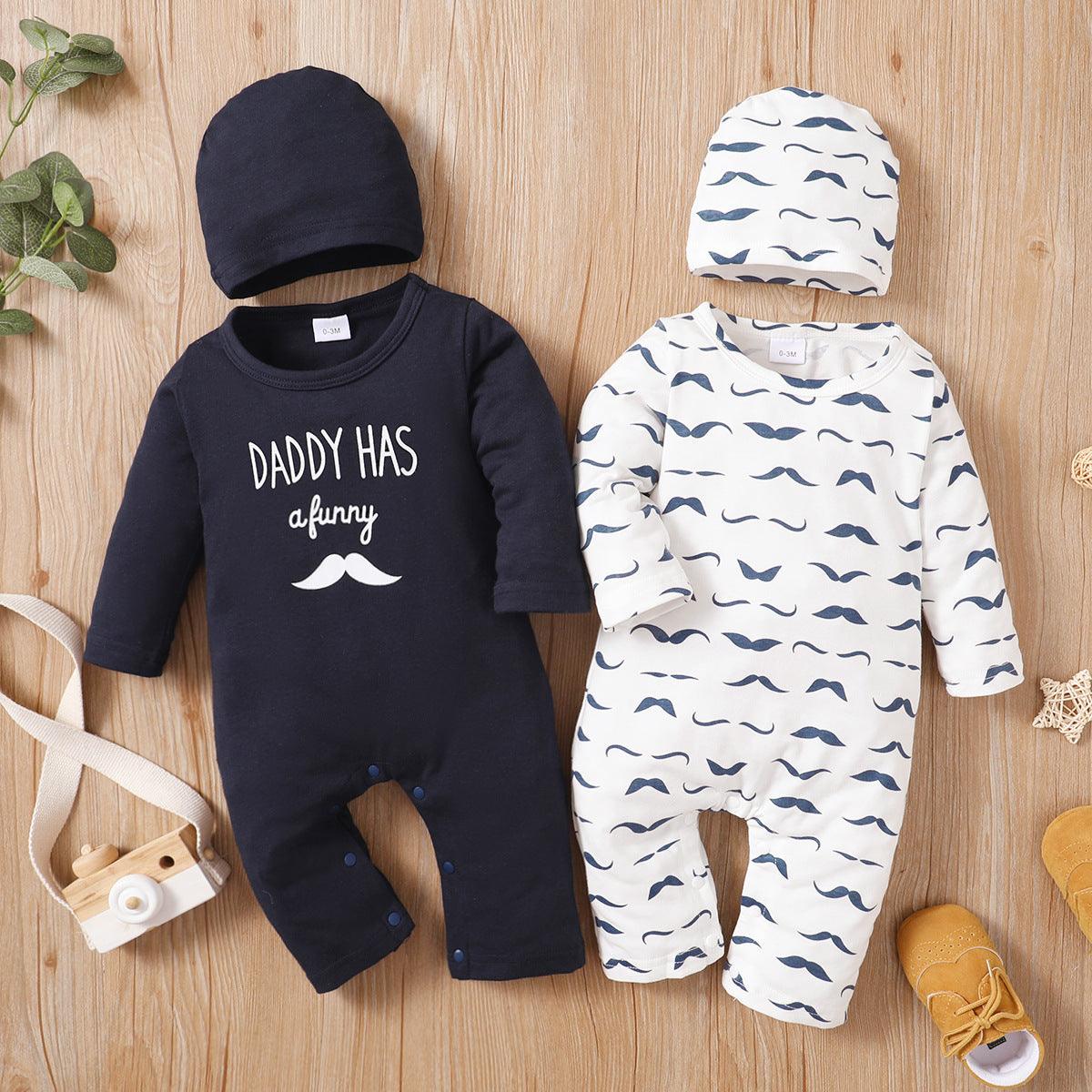 Baby Boys Solid Letter Cartoon Moustache Printed Long Sleeve Jumpsuit Hat Set