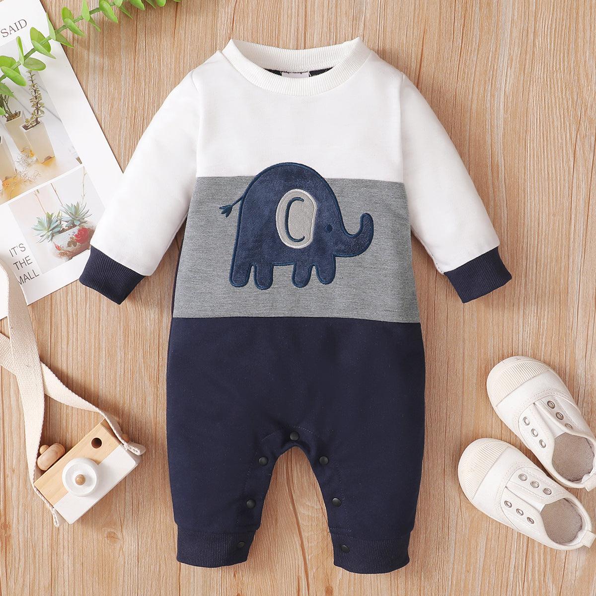 Baby Boys Solid Elephant Print Color Blocking Knitted Jumpsuit