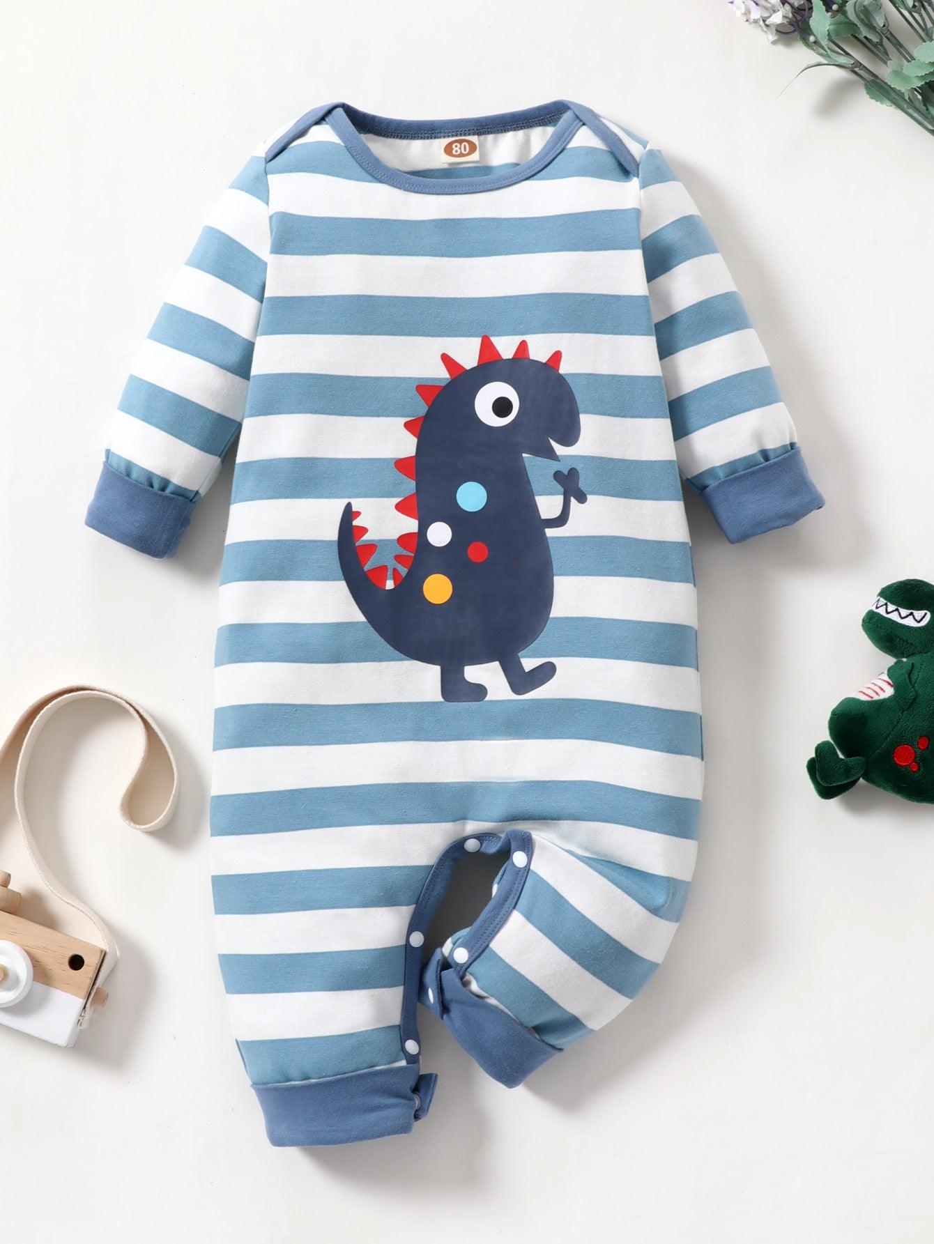 Baby Boys' Long Sleeved Striped Dinosaur Print Jumpsuit