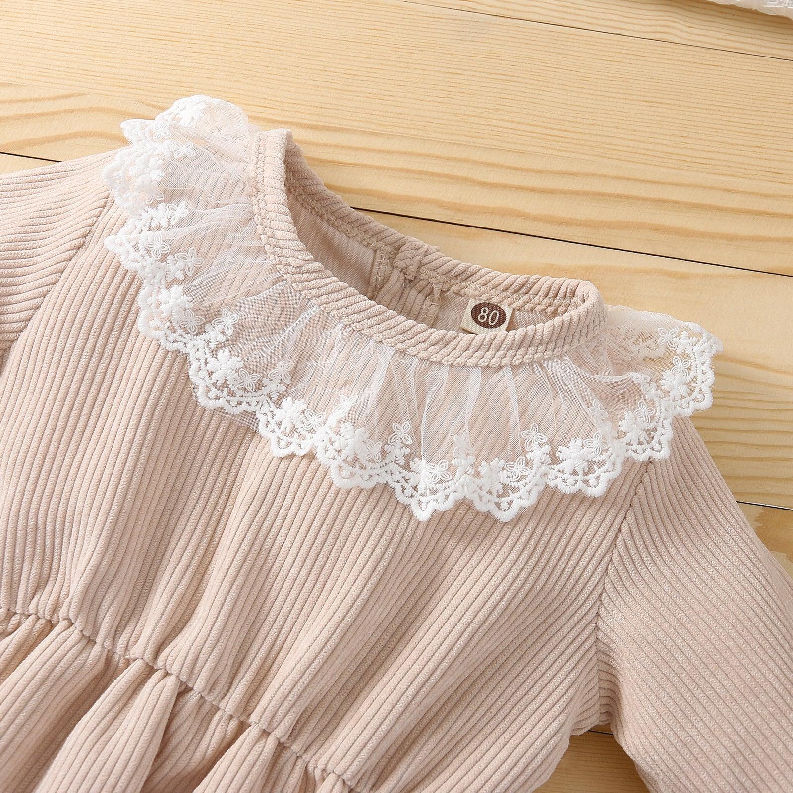 Baby Girls Corduroy Lace Neckline Solid Color Long-sleeved Jumpsuit