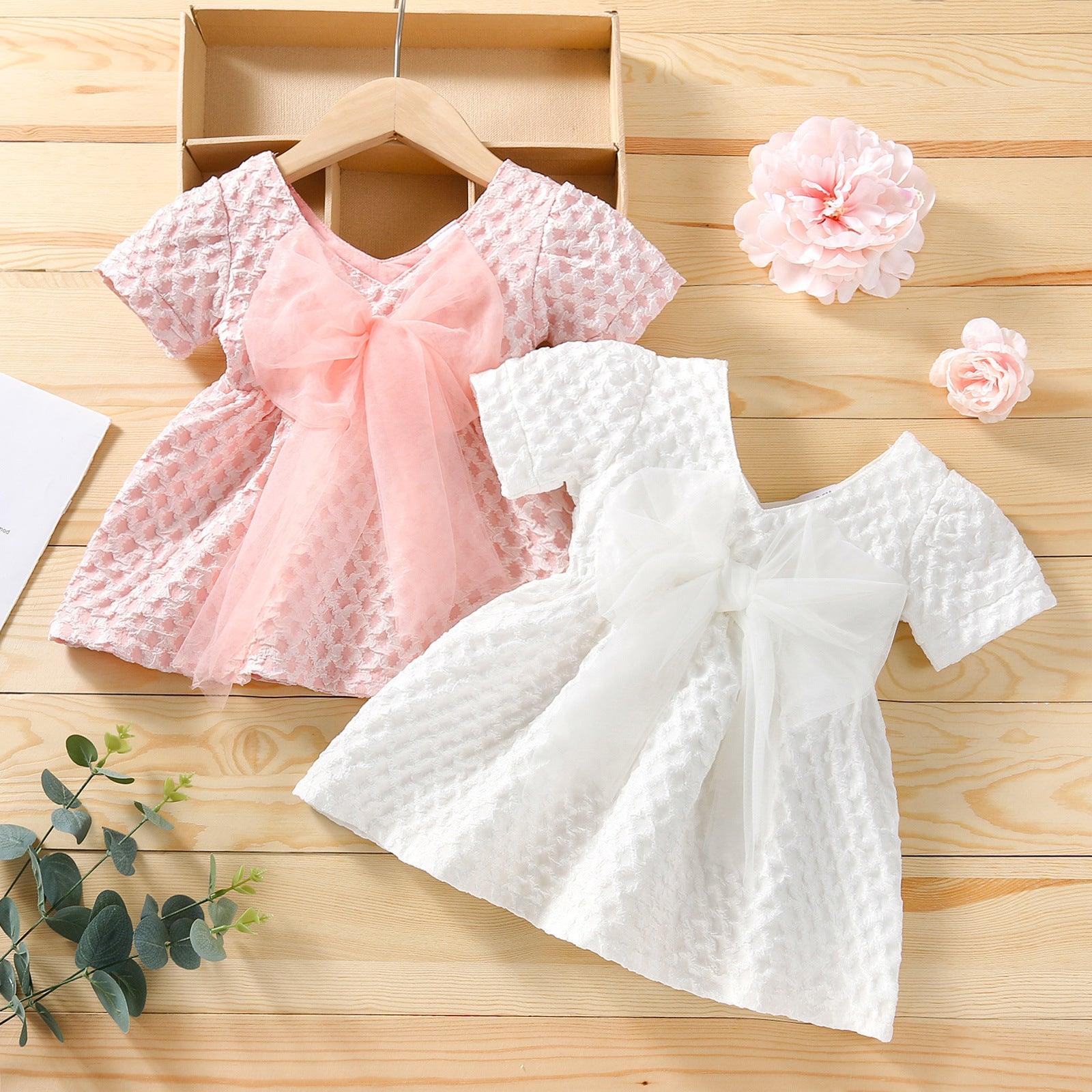 6months-4years Baby Girl Party Dresses V-Neck Solid Color Mesh Bow Short Sleeves Wholesale Baby Clothes In Bulk