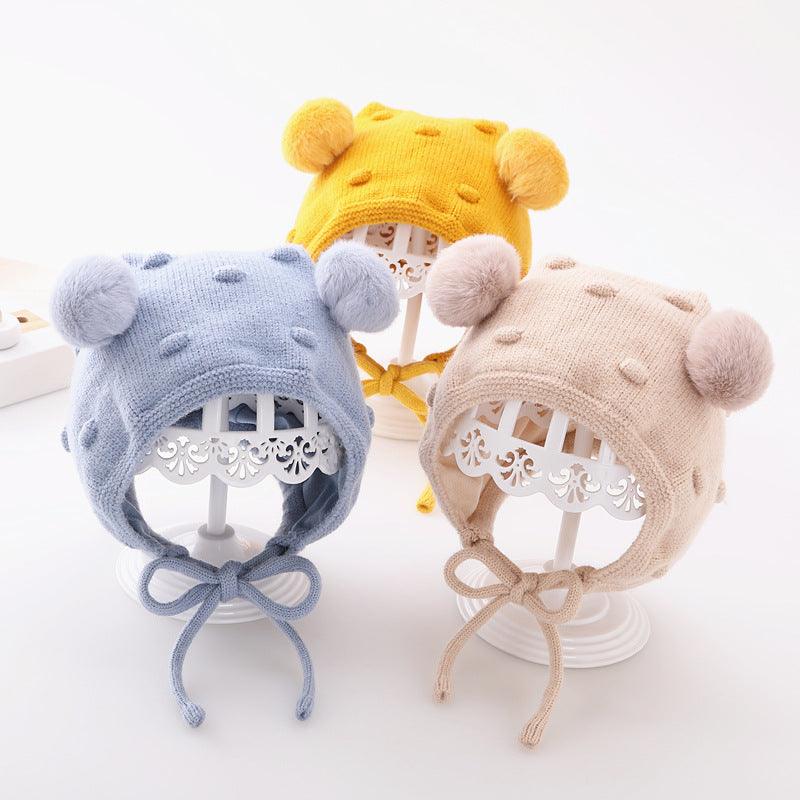 Baby Boys Girls Solid Color Cartoon Fur Ball Cotton Ear Protection Woolen Hat