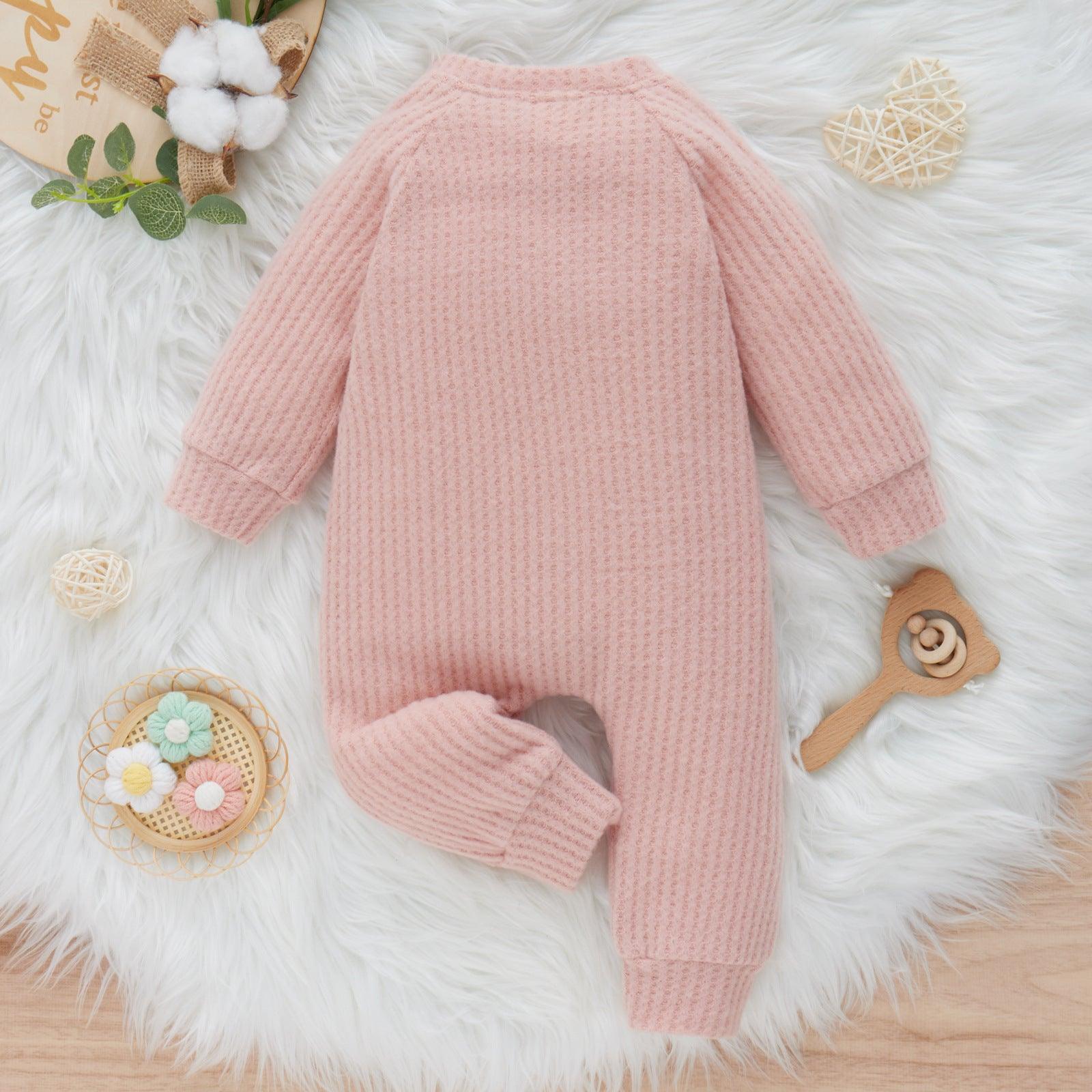 Baby Boys Girls Solid Color Waffle Fleece Warm Long-sleeved Jumpsuit