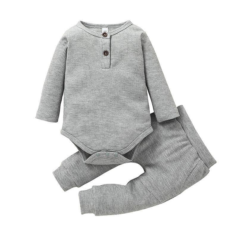 Baby Boys Girls Solid Color Knitted Striped Pullover Long Sleeve Set