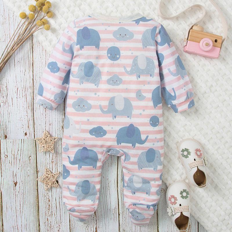 Baby Boys Girls Cartoon Elephant Print Striped Slash Wrapped Feet Jumpsuit