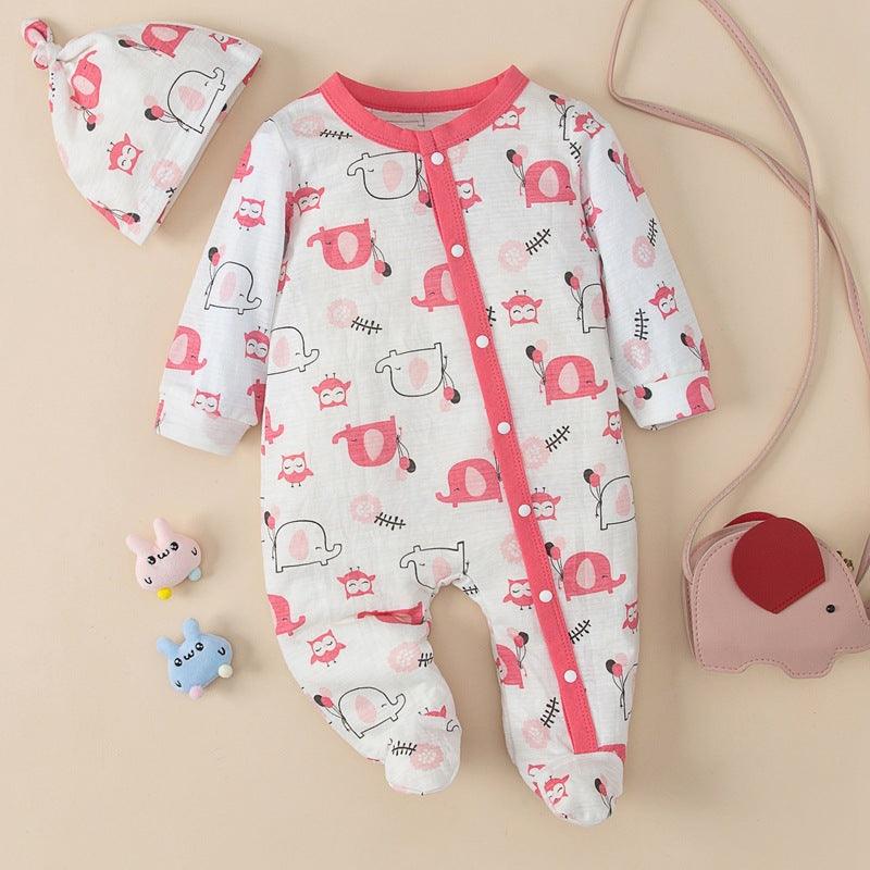 Baby Girls Cartoon Elephant Slant Placket Wrap Foot Jumpsuit Hat Two Piece Set