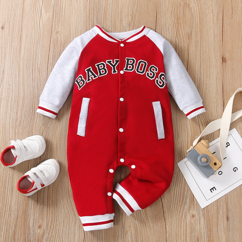 Baby Boys Long Sleeve Lettered Printed Bomber Jumpsuit - PrettyKid