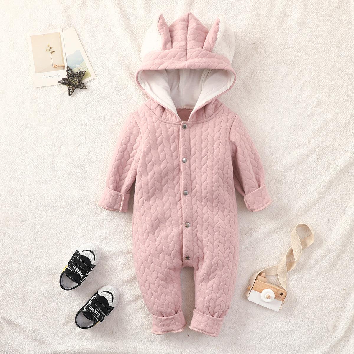 Baby Boys Girls Solid Color Lovely Ears Long Sleeve Hooded Jumpsuit