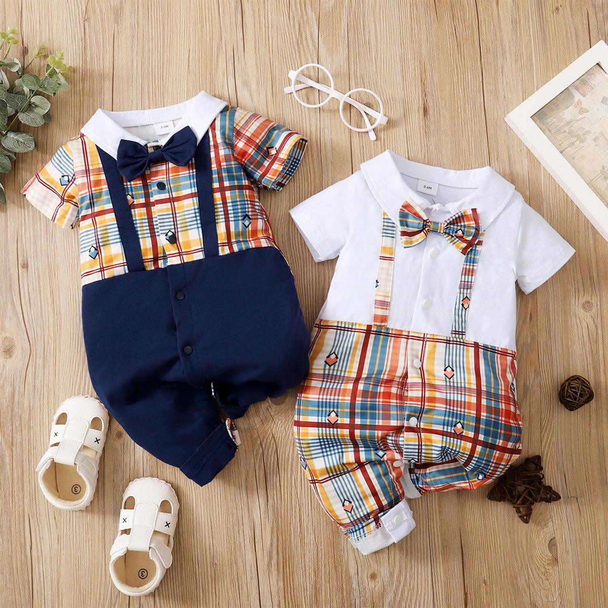 Baby Boys Summer Short Sleeve Plaid Stripe Printed False Suspender Bow Tie Gentleman Jumpsuit